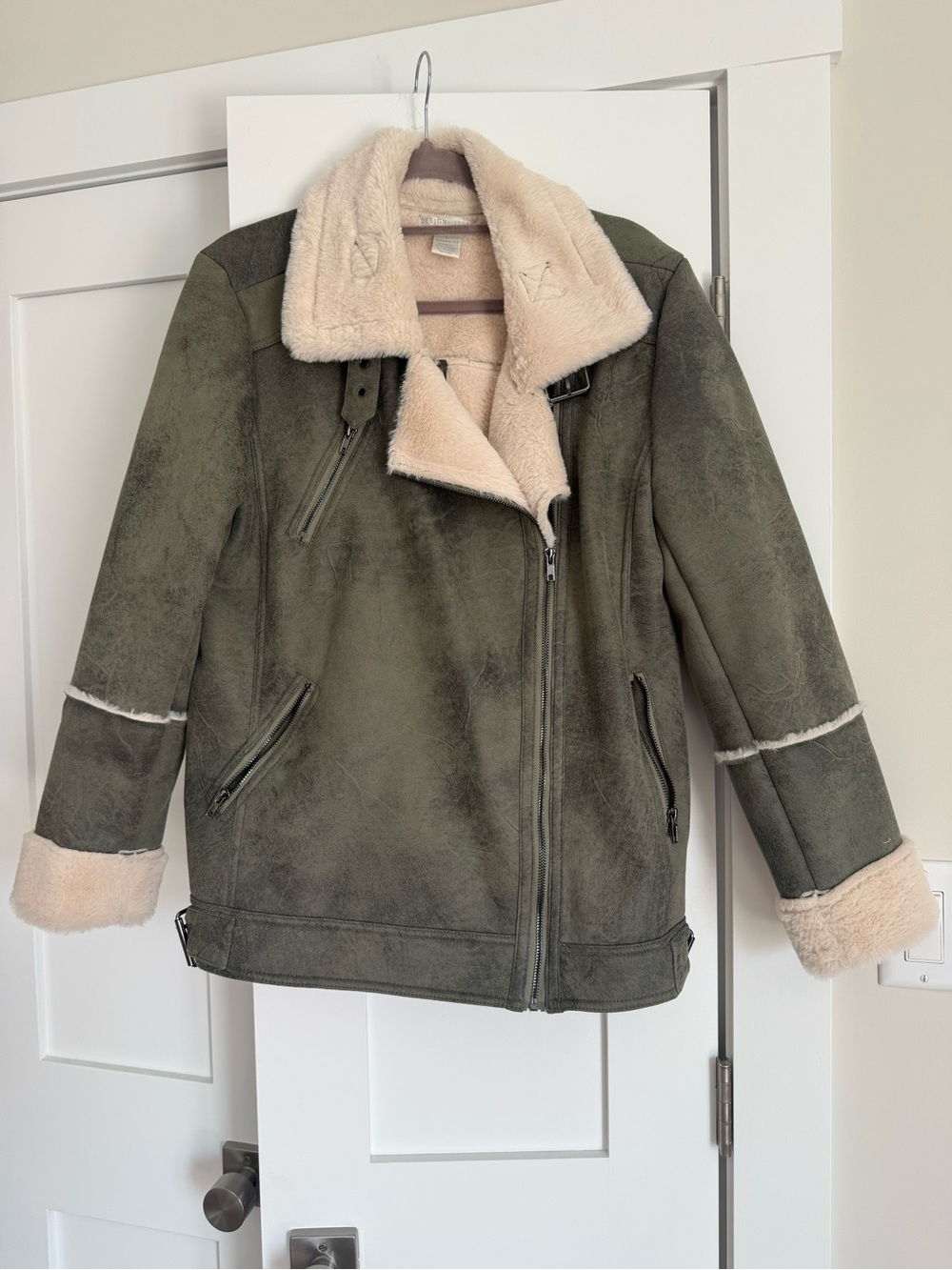 Design History Olive Faux-Suede Teddy Jacket with Cream Shearling